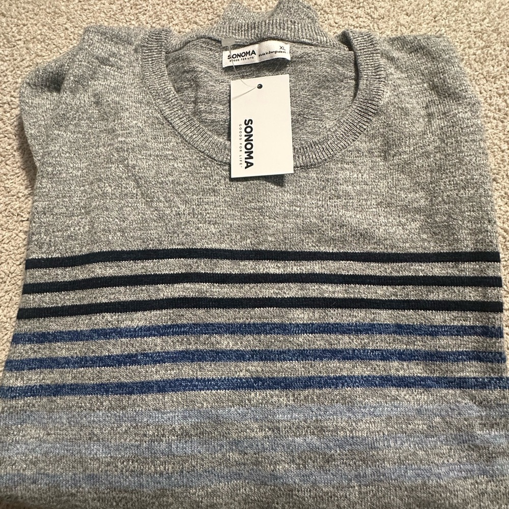 Sonoma Men's Gray and Blue Striped Crewneck Sweater